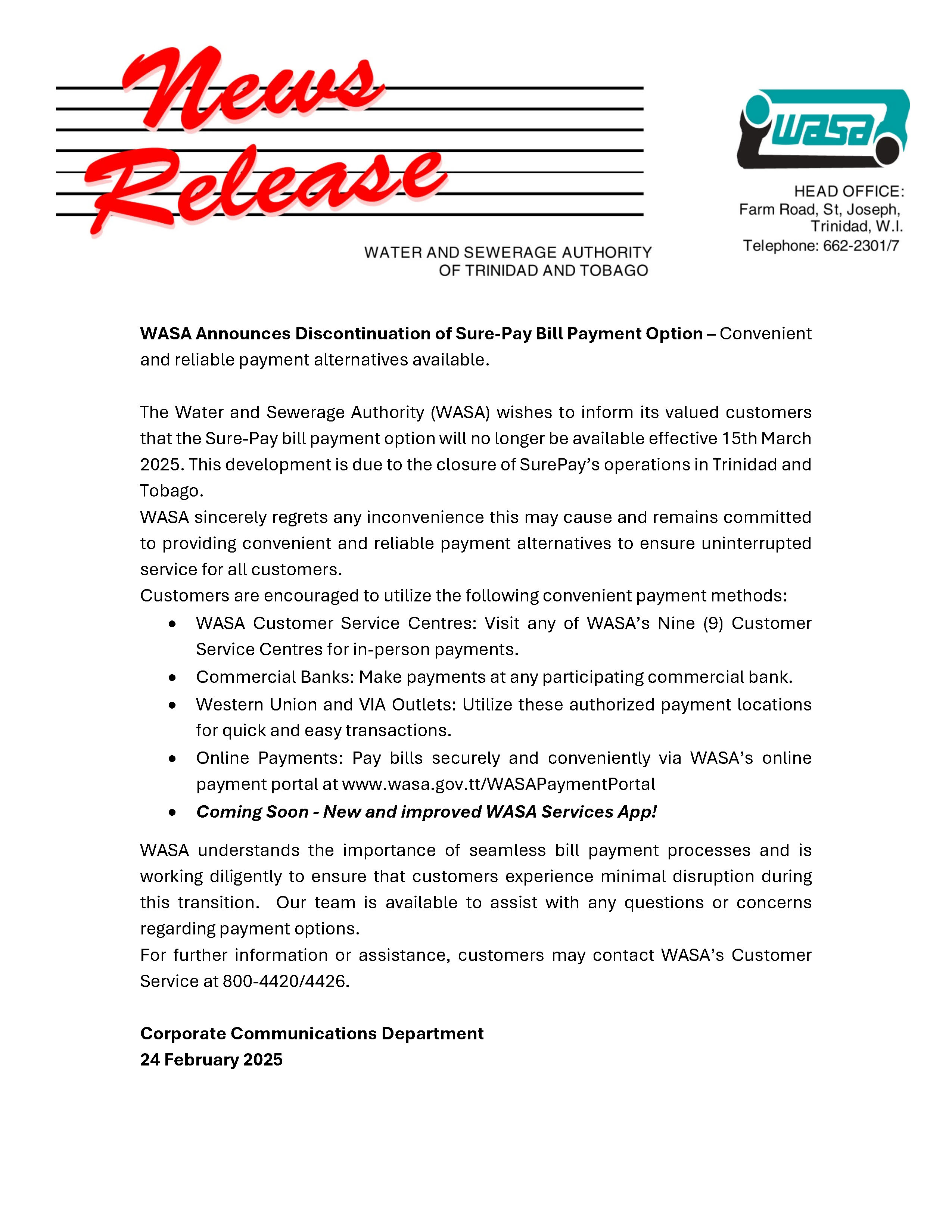 WASA Announces Discontinuation of Sure-Pay Bill Payment Option